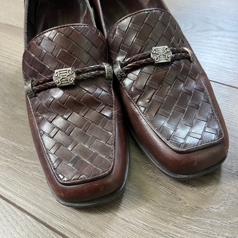 Vintage Liz Claiborne Brown Leather‎ Loafers Silver Detail Womens 7.5 M